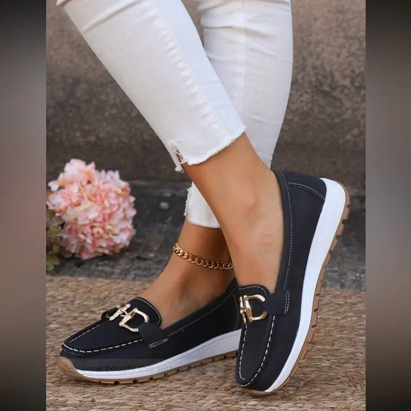 Women's Black Vegan Leather Loafers with Gold Buckle - Picture 2 of 4